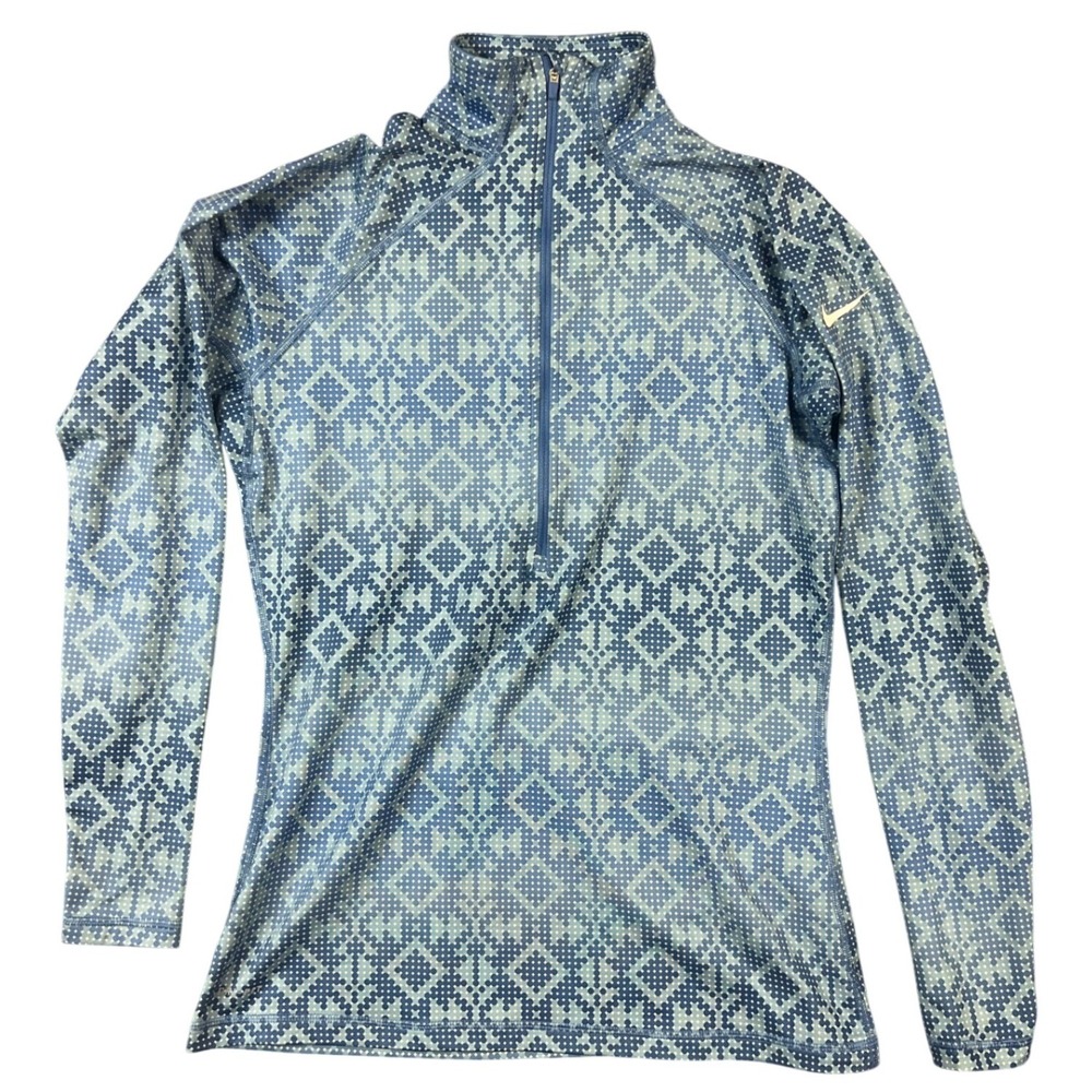 Nike Pullover Womens Large Blue Pro Hyperwarm Half Zip Geometric Thumbhole Top